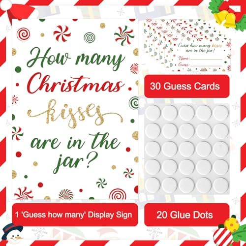 COCHIE Christmas Game for Family Office Large Groups Party Adults, Xmas Guess How Many Kisses are in The Jar Games, Winter Holiday Families Classroom Activities with Guess Cards - 30 Players (Candy)