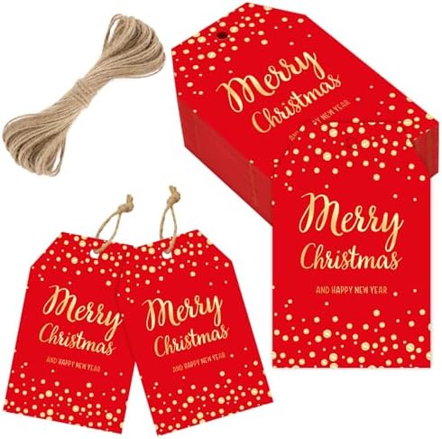 joycraft 50Pcs Christmas Tags with String, Red Merry Christmas Gift Tags