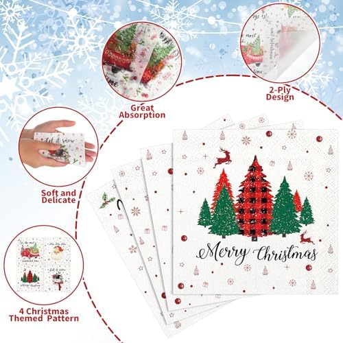 NatNarr 200 Pcs Christmas Cocktail Napkins, 5x5" Christmas Paper Napkins Xmas Tree Santa Snowman Decoupage Napkins Disposable Holiday Napkins for Winter New Year Party