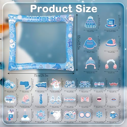 Winter Photo Booth Props Inflatable Frame, 30Pcs Winter Wonderland Photo Props with Inflatable Picture Frame Large for Frozen Holiday Party Selfie Supplies