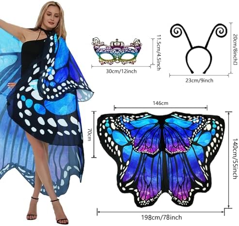 Adult Butterfly Costume Women Monarch Butterfly Wings Cape Shawl Halloween 3Pcs Mask Hairband