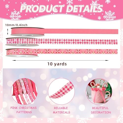 DECYOOL Pink Christmas Ribbon 6 Rolls 60Yds Holiday Xmas Grosgrain Ribbons