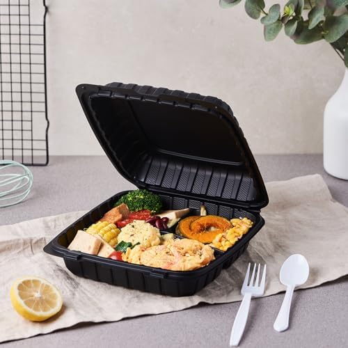 Jaluxing 9X9 3-Compartment 50-Pack Plastic Clamshell Takeout Food Trays Heavy Duty Togo Disposable Box For Pasta Salad Sandwich Carryout Hinged Containers With Secure Snap Lid (Formerly FULING)