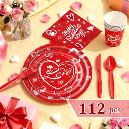 112 PCS Valentines Day Tableware Set Galentine Disposable with Plates, Cups, Napkin, Knives, Forks, Spoons - Valentine’s Day Party Supplies for Wedding,Anniversary, Birthday, Gathering,Serves 16