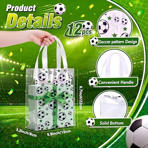 Pajean 12 Pcs Soccer Theme Plastic Gift Bags with Handles, 5.9 x 8.7 x 3.1 Inch Football PE Treat Bags, Black and White Candy Goodie Pouches for Classroom Exchange, Party Favor, Sports Event Supplies