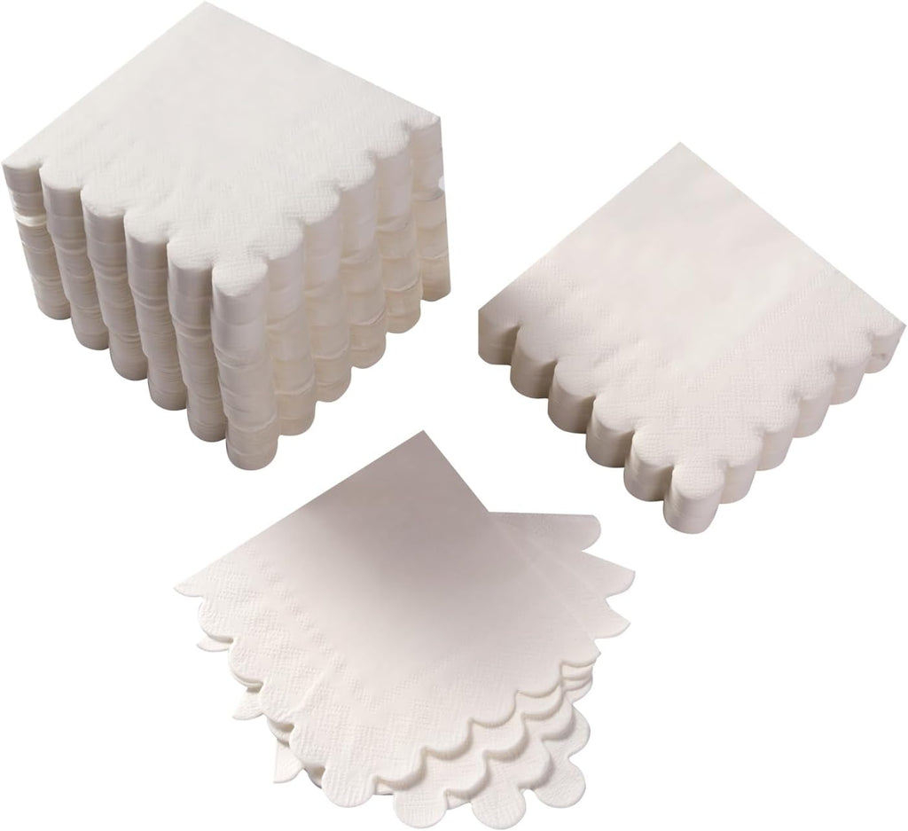 100 Pack Cocktail Napkin 2-Ply Scalloped Edged White Napkins 5 x 5IN