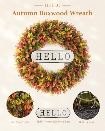 DDHS 24" Fall Wreath for Front Door，Artificial Boxwood Autumn Wreath