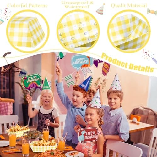 100 Pcs Yellow Gingham Paper Food Trays, Pre-Folded Yellow Checkered Disposable Food Boats for Hot Dogs, Fries, Nachos, Snacks, Carnival, Picnic, Baby Shower, Rustic Wedding, BBQ Party Supplies