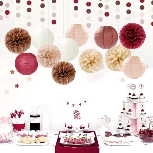 Burgundy-Brown Champagne Party-Decorations Paper-Flowers Lanterns - 15PCS Fall Boho Tissue Pom Poms Streamers,Autumn Rustic Baby Shower Neutral Wedding Birthday Decor Hugfond