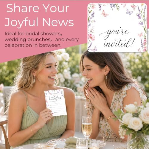 Bridal Shower Invitations, 25 Wildflower Wedding Shower Invites with Envelopes, 5x7 Butterfly Bride to Be Engagement Party Supplies - A06