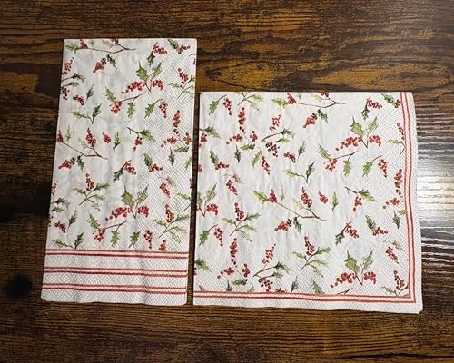 IHR Ideal Home Range Party Napkins Disposable 3-Ply Paper Lunch Napkin Pack, 6.5" x 6.5", Christmas Ilex Berries, 20-Count