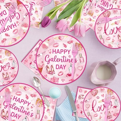 EUOYUFO 96Pcs Pink Galentine Party Decorations Tableware Set Happy Galentine's Day Paper Plates Napkins Forks Galentines Valentines Day Theme Party Supplies Serve 24 Guests