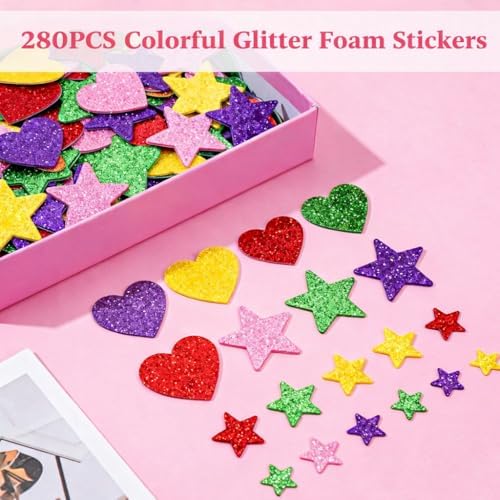 Back to School Supplies - 280 PCS Glitter Foam Reward Stickers for Kids | Self Adhesive Stars Mini Heart Shapes Stickers for Teachers Students Classroom - Arts Craft Scrapbook Supplies Party Favors