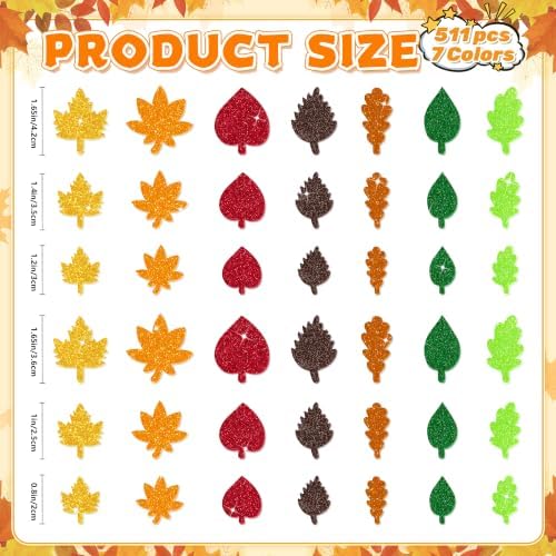 Foam Stickers, 511 PCS Glitter Foam Fall Leaf Stickers, 7 Colors