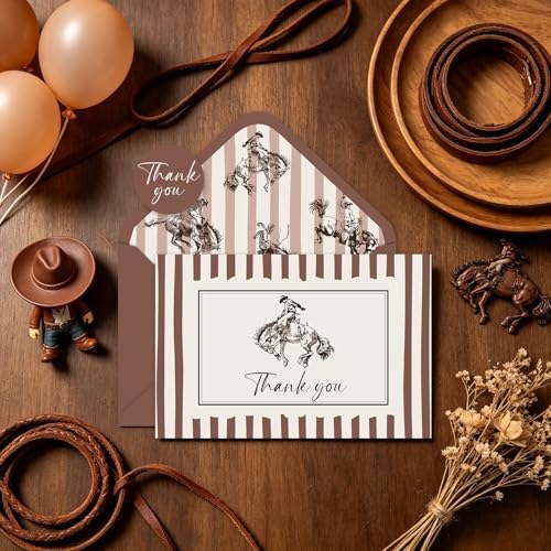 JarThenaAMCS 24Pcs Cowboy Thank You Cards with Envelopes Stickers Western Greeting Cards Beige Brown Striped Blank Note Card for Cowboy Birthday Country Party Supplies