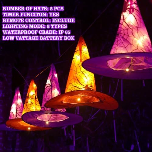 FUNPENY 2 Pack Halloween Decoration Lights, 8 PCS Waterproof Hanging Witch Hat with String Lights with Remote, Hanging Halloween Decorations for Indoor Outdoor Garden Yard Party Decor