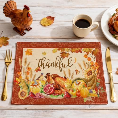 Thanksgiving Placemats Set of 4, Turkey Holiday Placemats Set of 4 12x18 Inch for Dining Table, Thanksgiving Place Mats Pumpkins Table Decor for Kitchen Dining Room Home