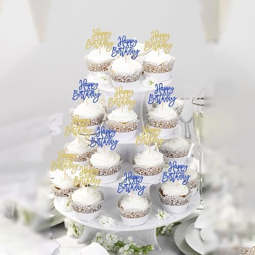 24 PCS Happy Birthday Cupcake Toppers Glitter Happy Birthday Cupcake Picks for Celebrating Anniversary Theme Party Cake Decorations Supplies Blue Gold