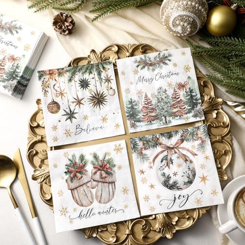 Fulmoon 60 Pcs Christmas Cocktail Paper Napkins Disposable Elegant 4 Style