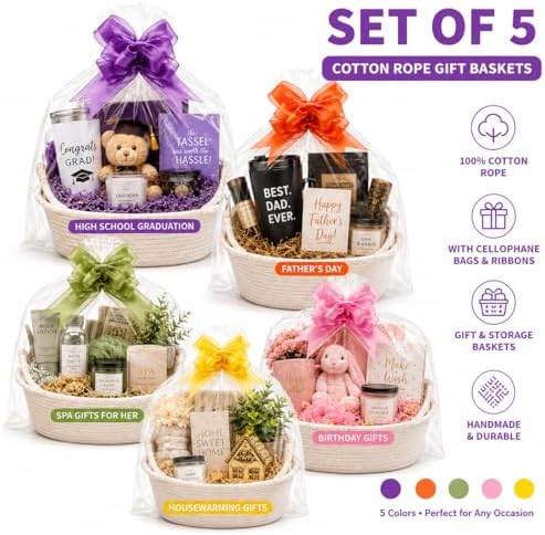Gift Baskets Set of 5, Woven Rope Basket Kit for Gift & Storage
