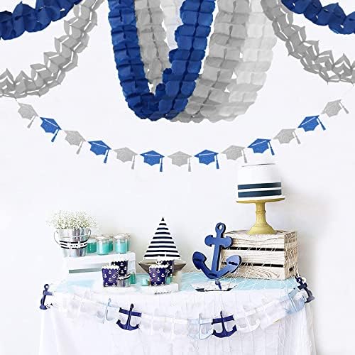 Navy-Blue White-Silver Party-Decorations Streamers Garland - 12pcs Royal Graduation 2025 4-Leaf Clover Paper Streamer Men Boy Birthday Wedding Bridal Shower Flower Banners Fathers Day Decor Ouruola