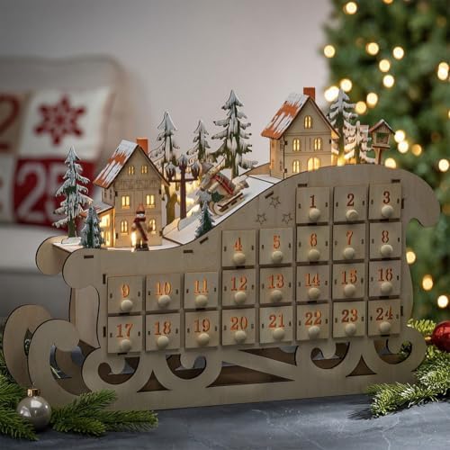 LYFJMUS Wooden Christmas Advent Calendar 2025 with 24 Storage Drawers Reusable Advent Calendar with LED Lights Countdown to Christmas Decoration for Kids