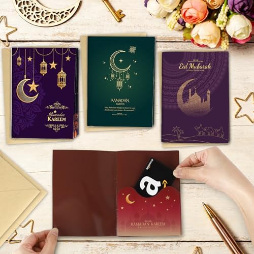 4 Sets Eid Gift Card Book, Eid Mubarak Money Holder Cards with Envelopes, Islamic Holiday Ramadan Kareem Gift Card Booklet Organizer for Family, Friends