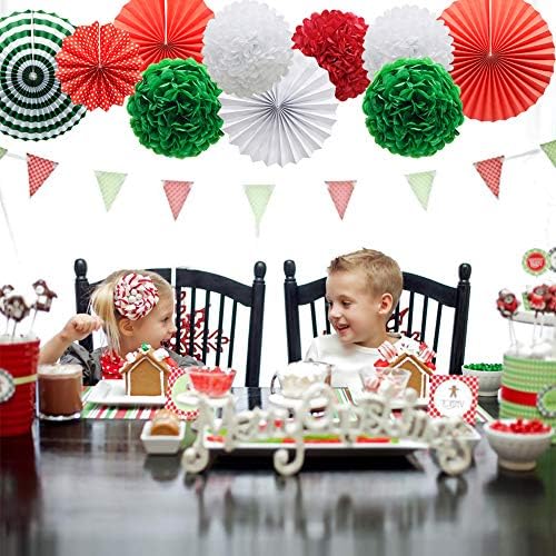 Red White and Green Hanging Paper Decor - Round Paper Fans, Pom Poms, Flowers - Perfect for Christmas, Birthdays, Weddings, Graduations, Baby Showers