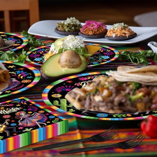 100 Pieces Día de Muertos Party Tableware Set – Disposable Sugar Skull Plates, Napkins and Black Forks for Day of the Dead Party, Mexican Fiesta, Halloween Celebration– Serves 25 Guests