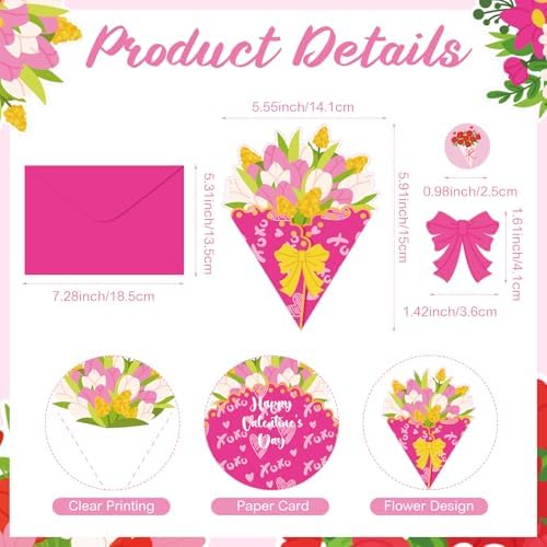 Funrous 24 Pack Valentine's Day Flower Cards with Envelopes Stickers