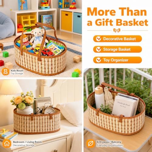 YAFAOCE 2Pcs Gift Baskets Empty to Fill for Easter Mother's Day Birthday Baby Baptisms Christmas New Year Valentines, Foldable Bamboo Woven Bulk Basket Set with Handle, Cute Large Basket Gift Kit