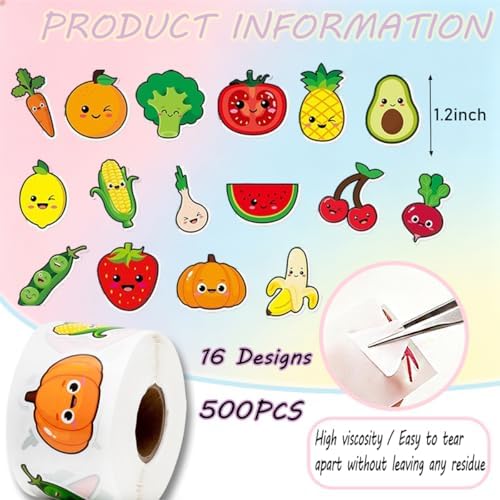 500PCS Fruit Stickers Rolls 8 Styles Summer Fruits and Vegetables Sticker 1in Self-Adhesive Waterproof Vinyl Stickers Decor for Back to School First Day of School Party Supplies Envelope Decorations