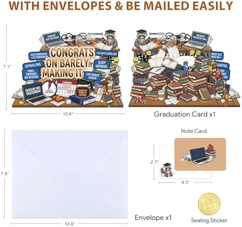D4DREAM Funny College Graduation Gifts - MeMe Congrats on Barely Making It, Raccoon, Powered by Panic & Coffee, Pop Up Graduation Card for High School College Graduates, 5-Layer Grad Decor