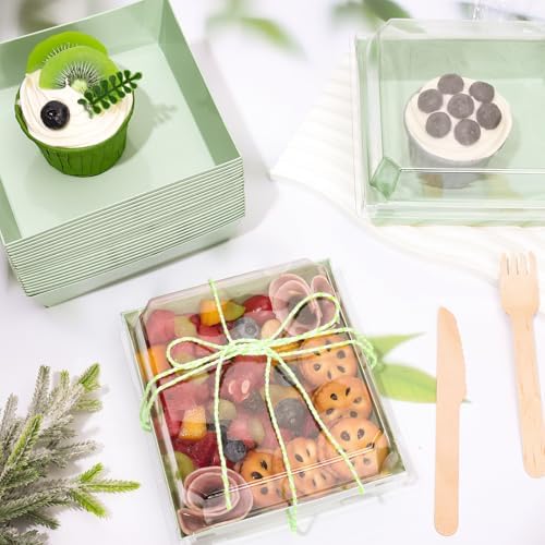 Whaline 50 Set Green Charcuterie Boxes with Clear Lids Forks Knives 4.7 x 4.3 In Clear Mini Dessert Disposable Food Containers Cake Take out Bakery Boxes for Wedding Birthday Sandwich Cookies Sushi