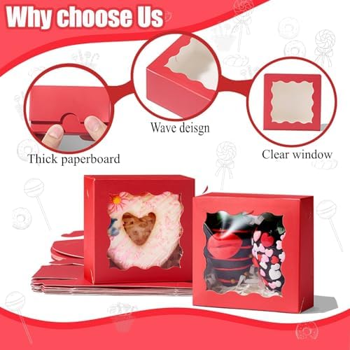 3.2x3.2x1.5 Inches 50PCS Mini Bakery Boxes with Window for Cookies, Soap, Chocolate Truffle, Donut, Macaron(Red)