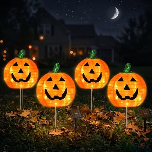 BRIGHTDECK Halloween Solar Pathway Lights Outdoor, LED Decor, Light Up Solar Stake Lights for Holiday, Halloween, Walkway, Sidewalk (Foldable Pumpkin, 4-Pack)