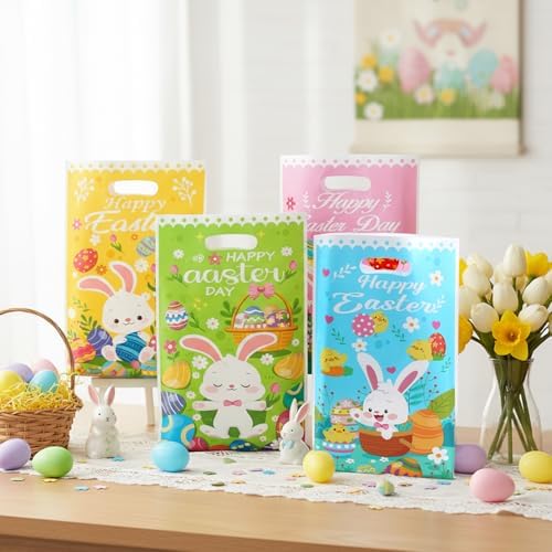 Easter Treat Bags, 50 PCS Easter Gift Bags with Handles, Plastic Happy Easter Day Cookie Goodie Candy Bag Easter Bunny Cute Spring Party Favor Bag for Easter Party Favors Supplies, 6.5x10 Inch