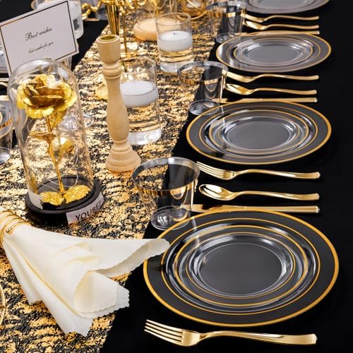 WELLIFE Clear Plates with Gold Trim, 600-Piece Plastic Dinnerware Set