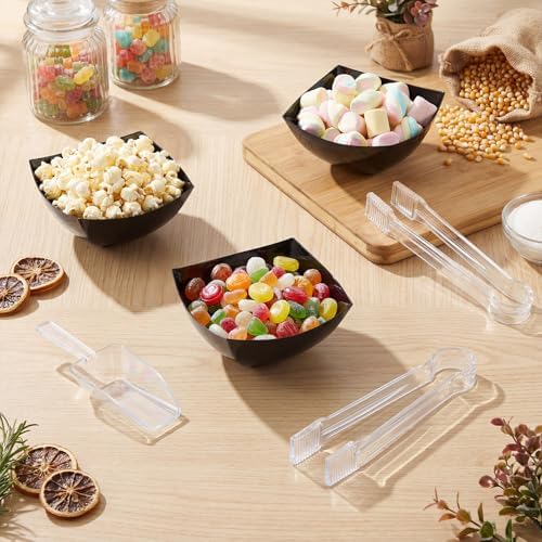 FoldTier 8oz 6 Black Plastic Candy Bowls, 4 Scoops and 4 Tongs Set Square Disposable Plastic Buffet Containers for Chip, Snacks Popcorn Candy Buffet Bar Birthday Party Supplies