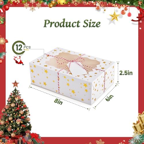 12Pcs 8"x6"x2.5" Christmas Cookie Boxes with Window, White Gold-Star