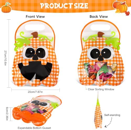 HOIIOH 60 Pack Halloween Pumpkin Treat Bags with Handles & Zipper