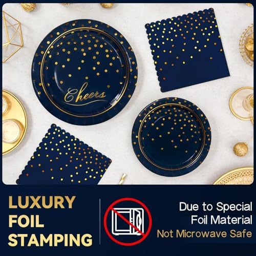 168Pcs Blue and Gold Paper Plates and Napkins Party Supplies for 24 Guest