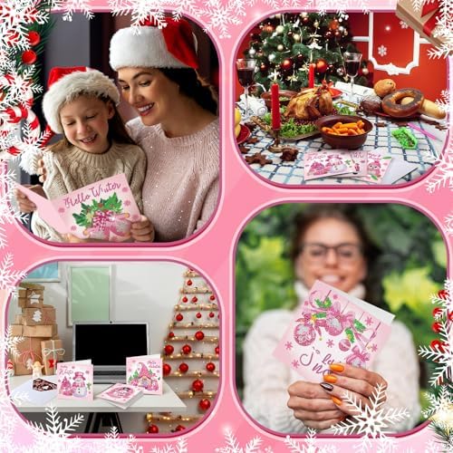 Saillong 12 Pack Pink Winter Diamond Painting Greeting Card Kits Winter Diamond Art Cards with Envelopes Snowman 5D Rhinestones Painting Making Kits for Adults DIY Craft Family Friend Holiday Gifts