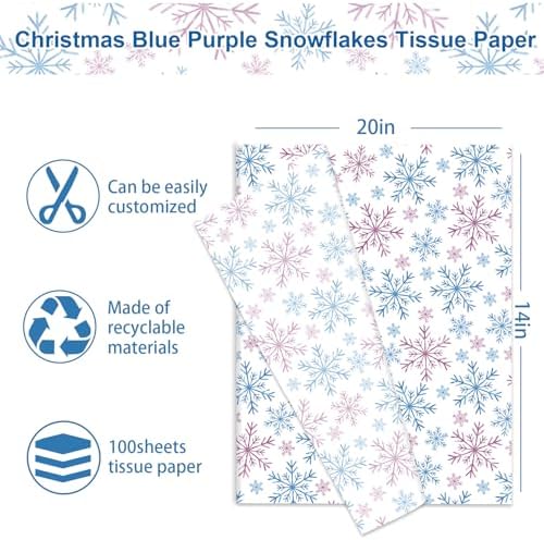 JarThenaAMCS 100 Sheets Christmas Tissue Paper Blue Purple Snowflake Gift Wrapping Paper Watercolor Art Papers for Winter Xmas DIY Crafts Supplies, 14 x 20 Inch