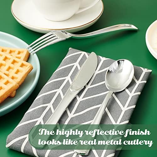 FOCUSLINE 75 Pack Silver Plastic Silverware, Disposable Cutlery Set