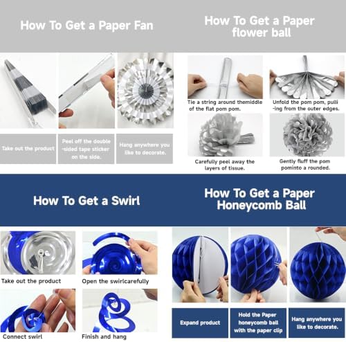 24 Pcs Blue Silver Party Decorations, Paper Fans Pom Poms Banner 8-16 in