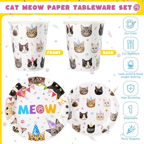 Cats Birthday Party Plates Set,168PCS Cat Birthday Tableware Party Supplies