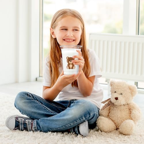 Whaline 50 Pcs Bear Disposable Plastic Cups with Lids and Straws 12 Oz Cute Brown Bear Cold Beverage Drinking Cups for Baby Shower Birthday Party Supplies