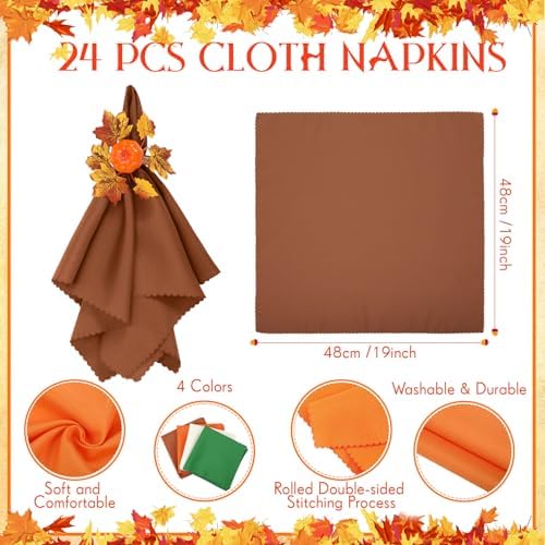 LemonRoad 36 Pcs Cloth Napkins and Napkin Ring Holders, Reusable Fabric for Table Decor Banquet Holiday Dinner Party Supply(Orange,Coffee, White, Green,Fall)