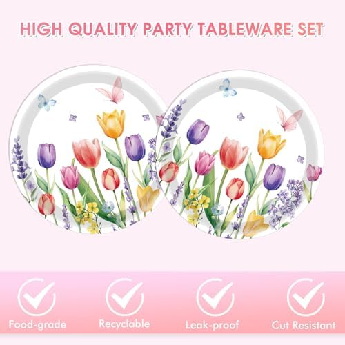 40Pcs Wildflower Party Decorations Tulip Floral Paper Plate and Napkins Flower Theme Birthday Decorations Serves 20 Guests Spring Easter Bridal Shower Baby Shower Wedding Mother's Day Party Supplies